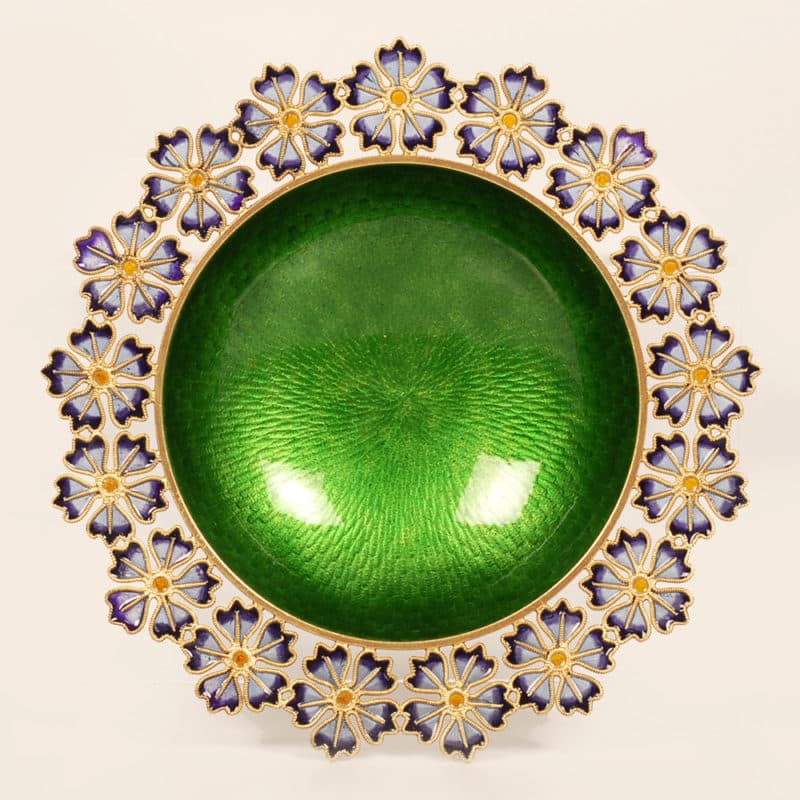 An antique David Andersen plique-à-jour & guilloché enamel open salt designed by Gustav Gaudernack