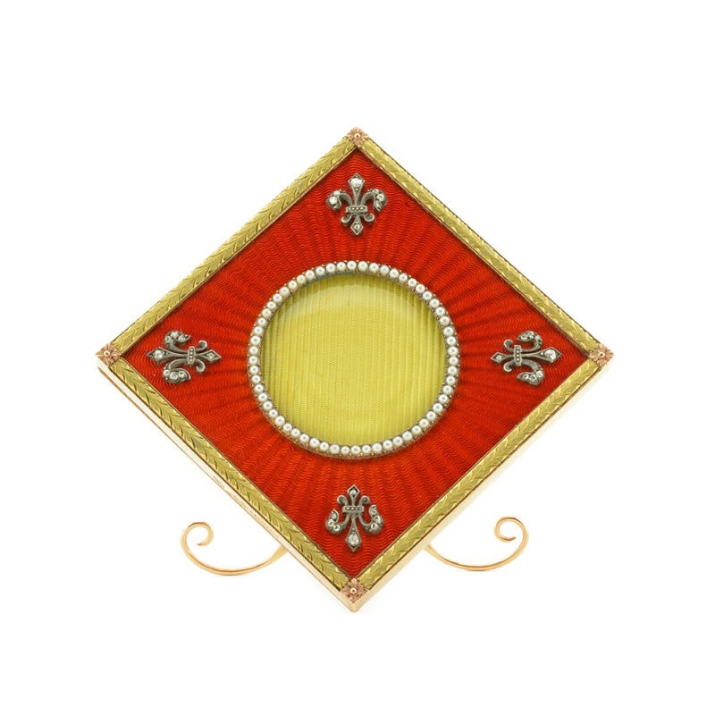 Fabergé Wigström jeweled gold & red guilloché enamel photograph frame