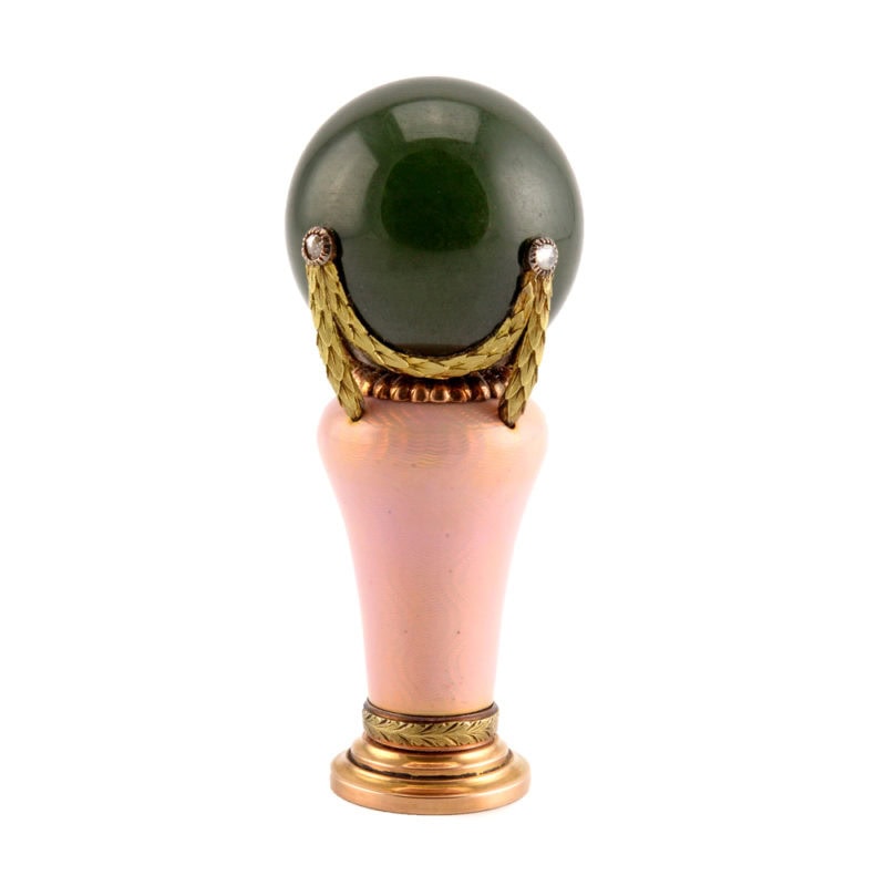 Jeweled Fabergé Wigström two-color gold nephrite & guilloché enamel parasol handle