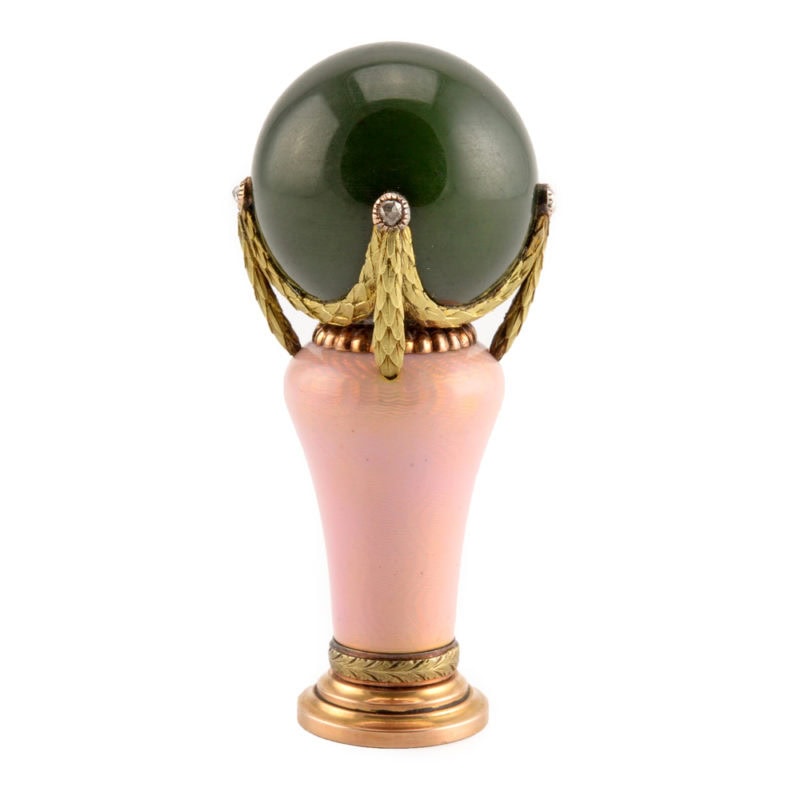 Jeweled Fabergé Wigström two-color gold nephrite & guilloché enamel parasol handle - Image 2