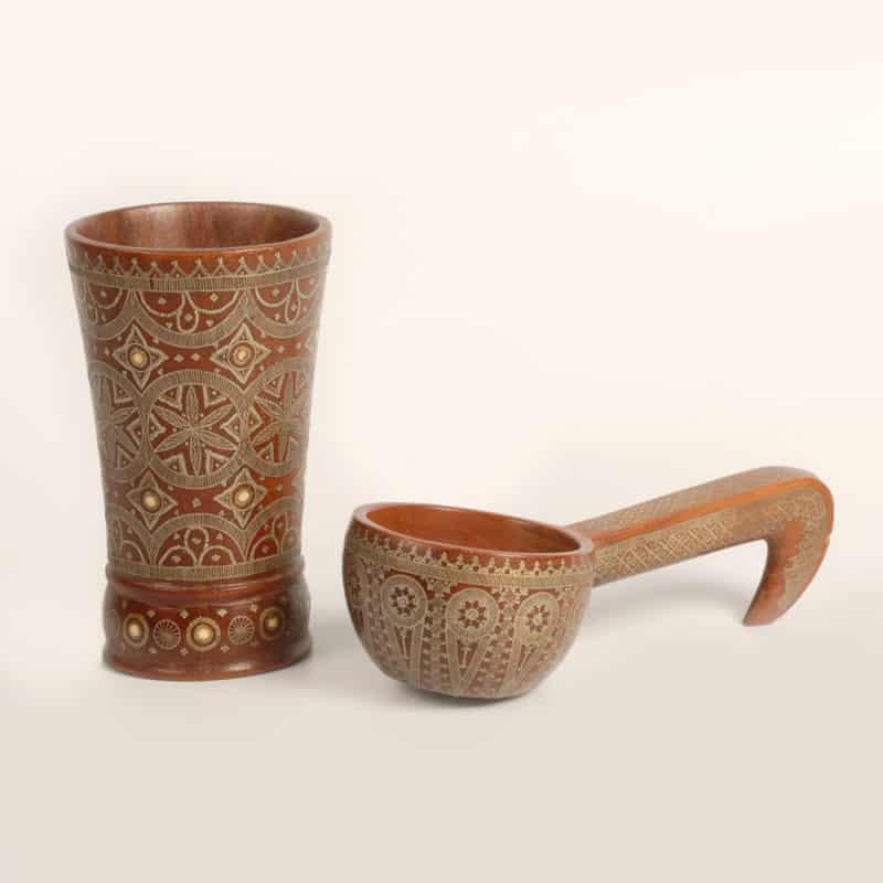 Russian kustar wood & silver cup & kovsh
