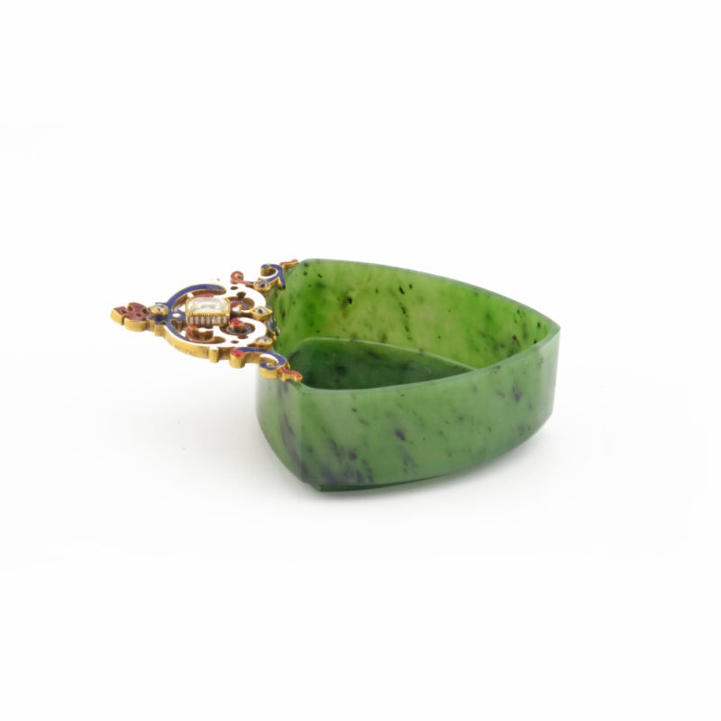 Extremely rare Fabergé Renaissance Revival nephrite kovsh with jeweled enamel mount by Perchin