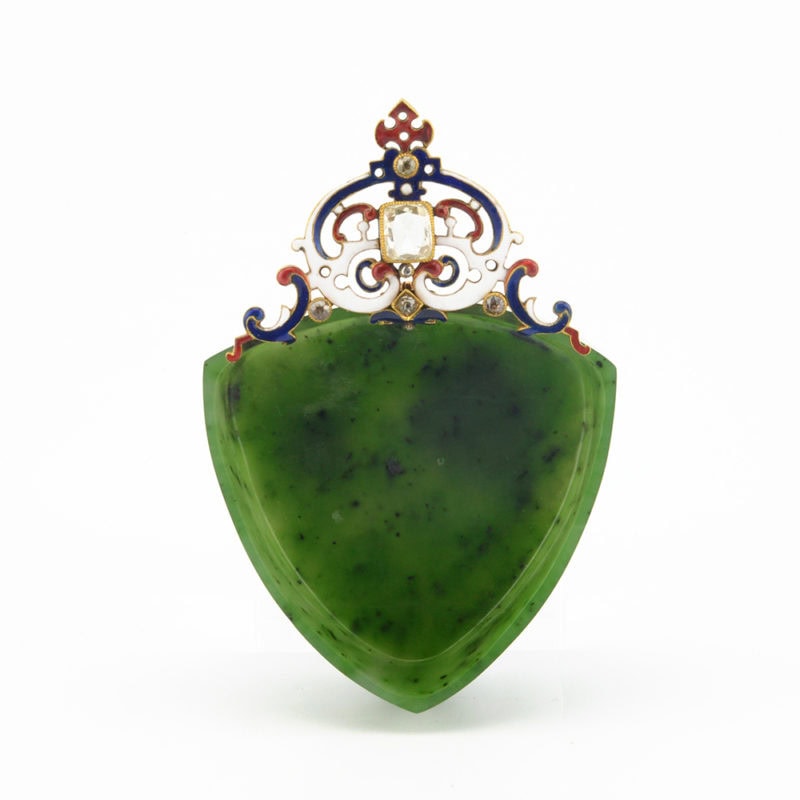 Extremely rare Fabergé Renaissance Revival nephrite kovsh with jeweled enamel mount by Perchin - Image 6