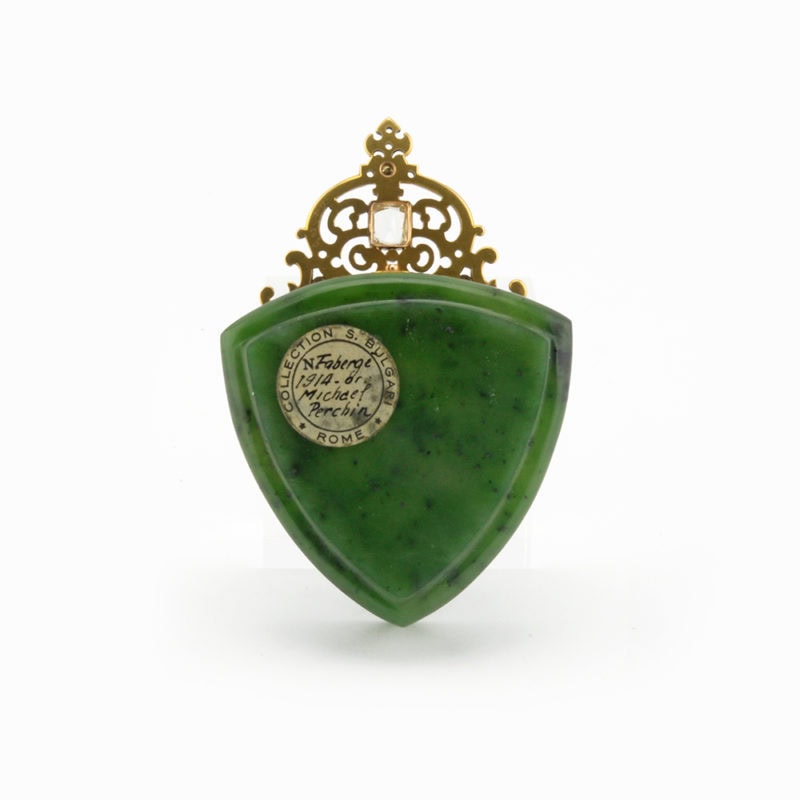 Extremely rare Fabergé Renaissance Revival nephrite kovsh with jeweled enamel mount by Perchin - Image 7