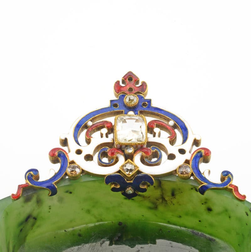 Extremely rare Fabergé Renaissance Revival nephrite kovsh with jeweled enamel mount by Perchin - Image 8