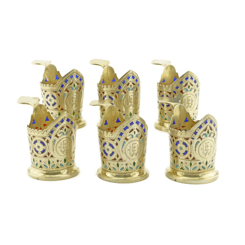 A set of six Russian gilded silver & plique-à-jour enamel miniature tea glass holders