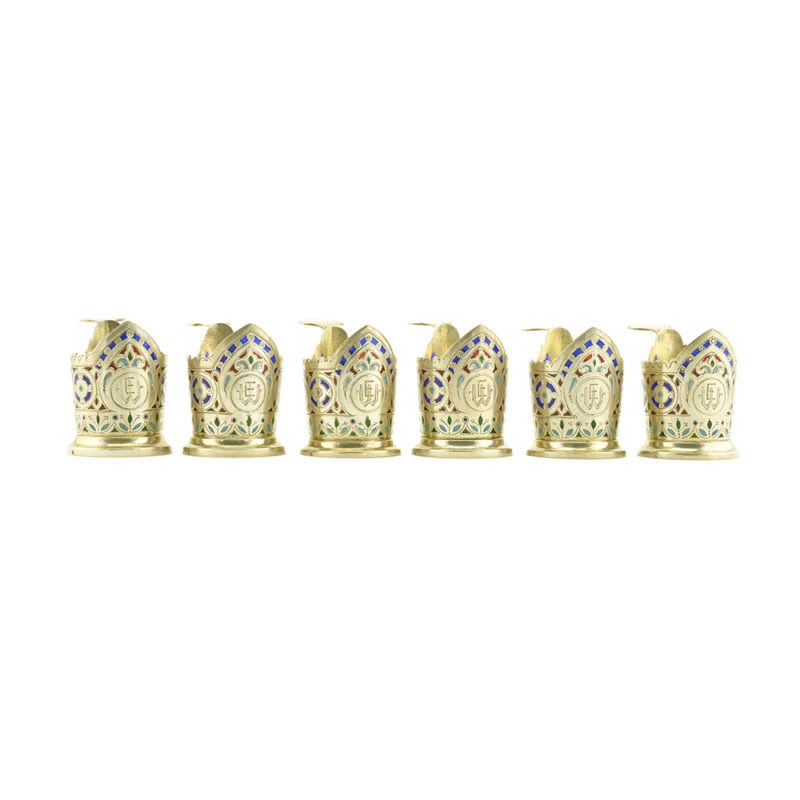 A set of six Russian gilded silver & plique-à-jour enamel miniature tea glass holders - Image 2