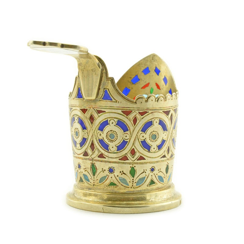 A set of six Russian gilded silver & plique-à-jour enamel miniature tea glass holders - Image 5