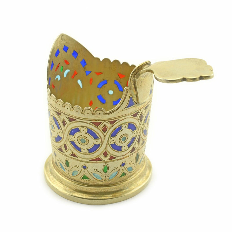 A set of six Russian gilded silver & plique-à-jour enamel miniature tea glass holders - Image 7