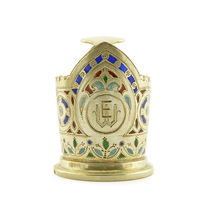 A set of six Russian gilded silver & plique-à-jour enamel miniature tea glass holders - Image 3