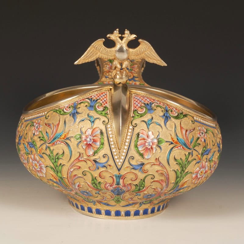 Vasily Agafonov cloisonné enamel kovsh with Imperial eagle finial - Image 3