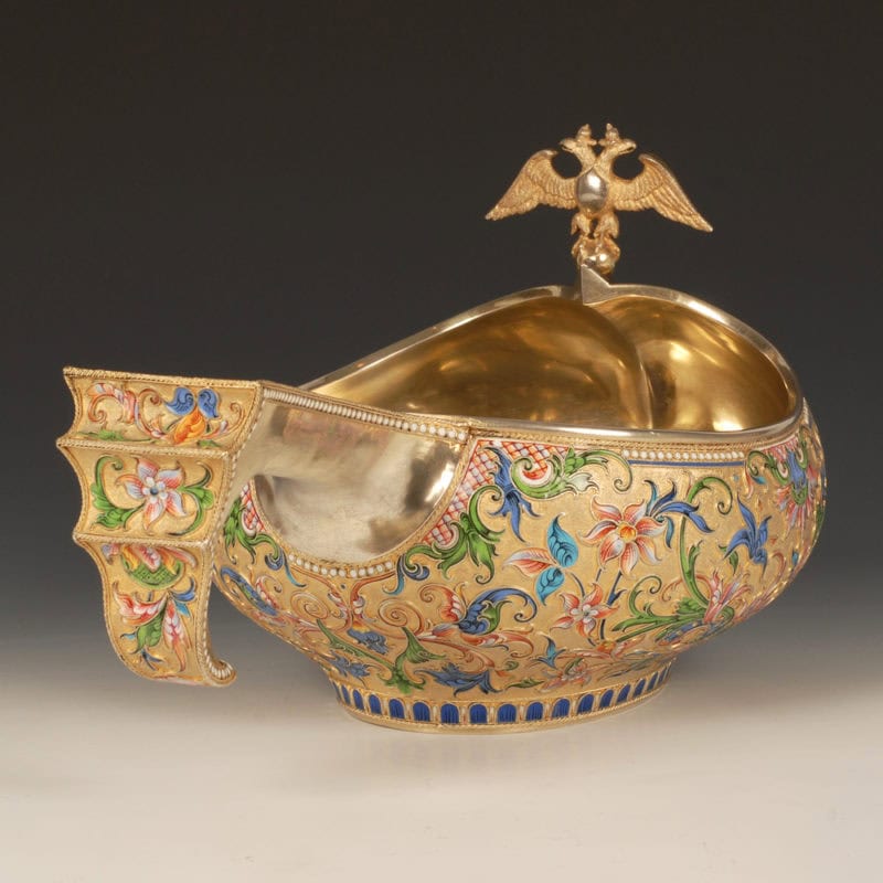 Vasily Agafonov cloisonné enamel kovsh with Imperial eagle finial - Image 5