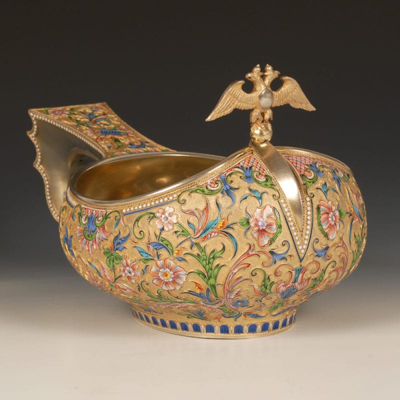 Vasily Agafonov cloisonné enamel kovsh with Imperial eagle finial - Image 2