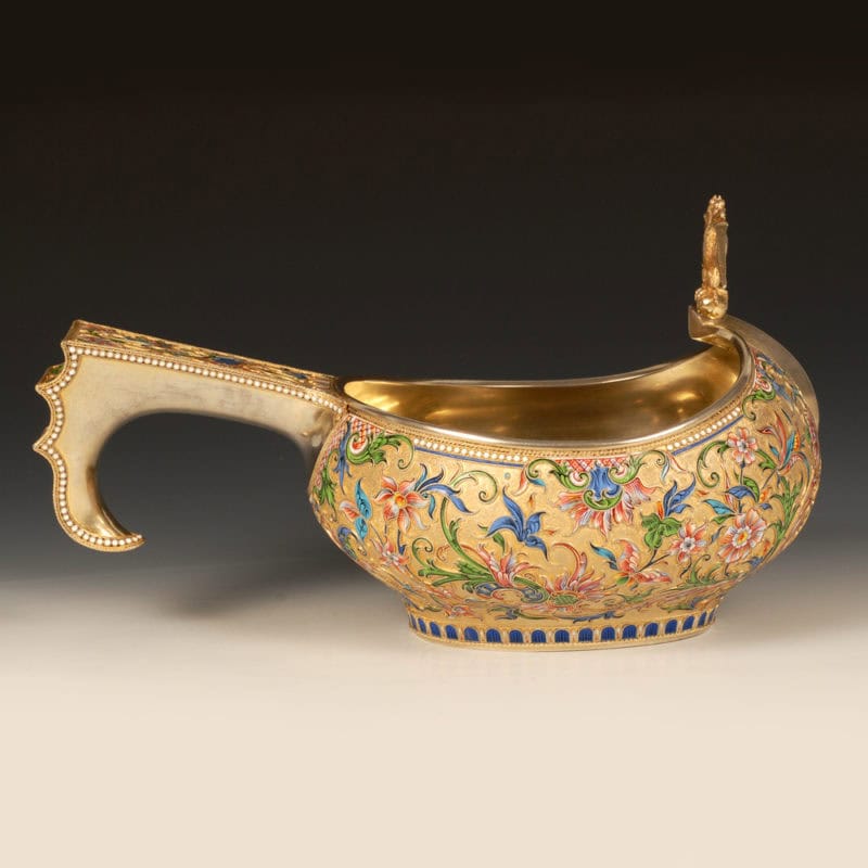 Vasily Agafonov cloisonné enamel kovsh with Imperial eagle finial