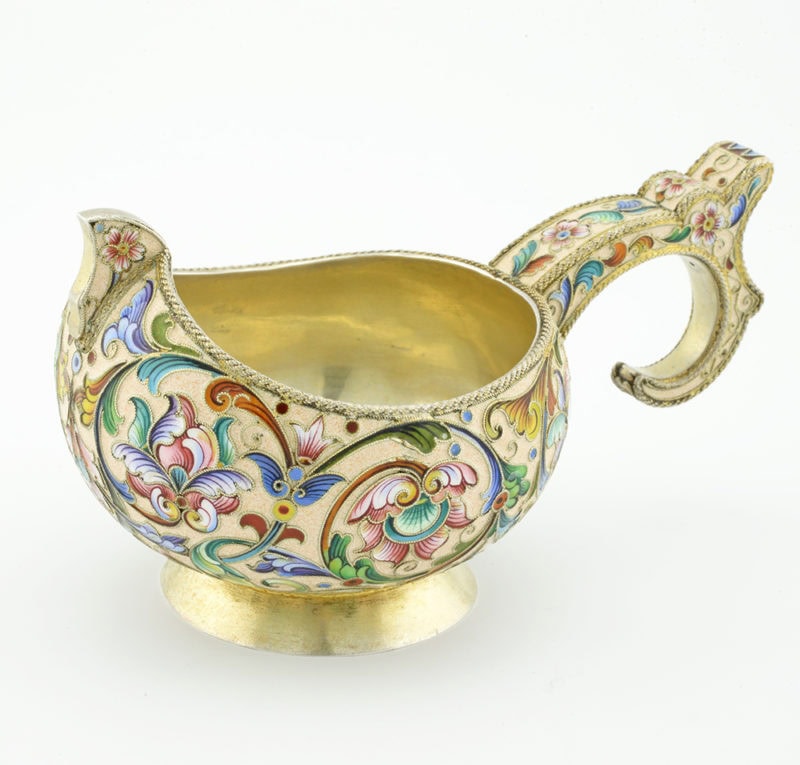 Antique Russian shaded cloisonné enamel kovsh by Feodor Rückert