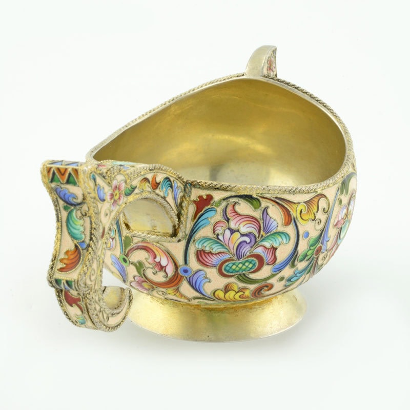 Antique Russian shaded cloisonné enamel kovsh by Feodor Rückert - Image 4