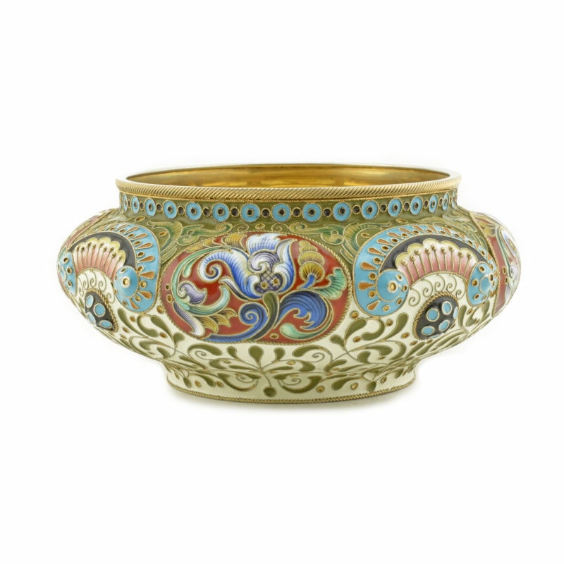 An impressive gilded silver & shaded cloisonné enamel bowl with tulips by Feodor Rückert