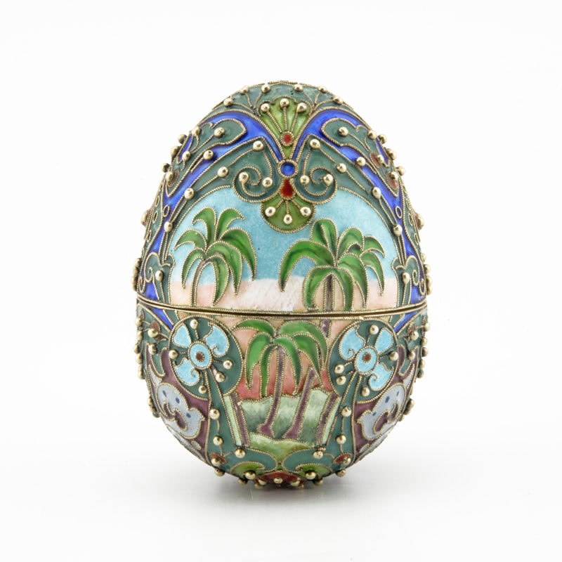 An exceptional gilded silver & shaded cloisonné enamel Easter egg by Feodor Rückert