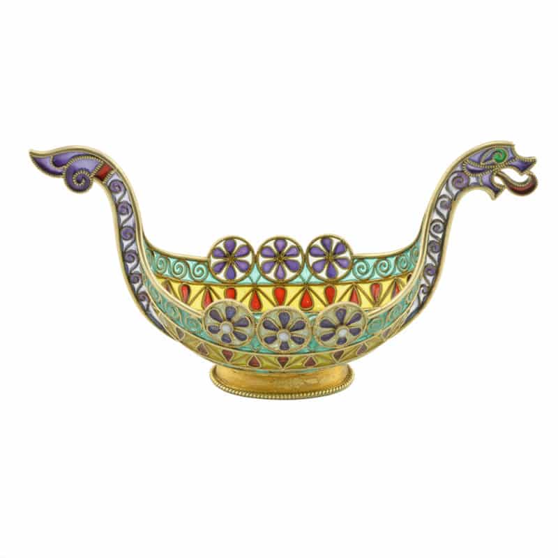 Antique Norwegian David Andersen silver gilt & plique-a-jour enamel Viking boat in the Dragon Style