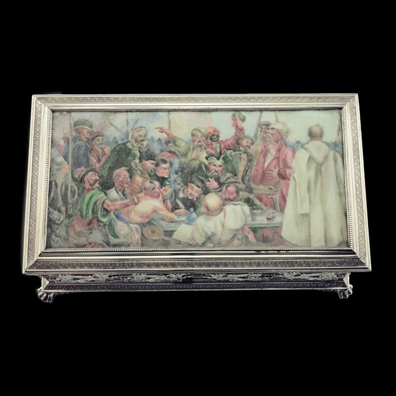 A Fabergé Rappoport silver & pictorial enamel box with Repin's "Reply of the Zaporozhian Cossacks"