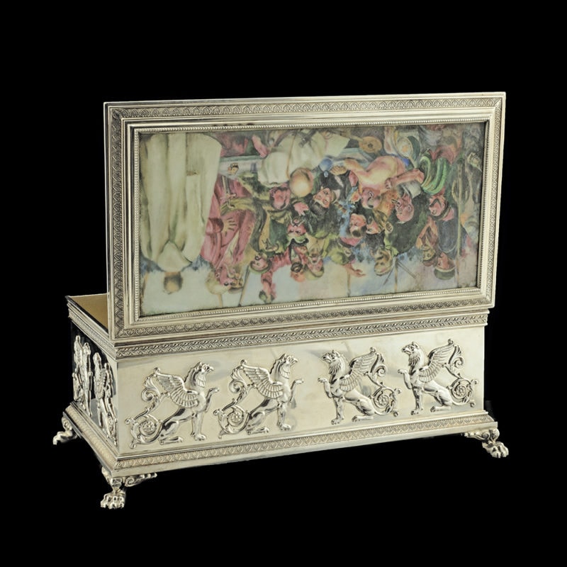 A Fabergé Rappoport silver & pictorial enamel box with Repin's "Reply of the Zaporozhian Cossacks" - Image 6