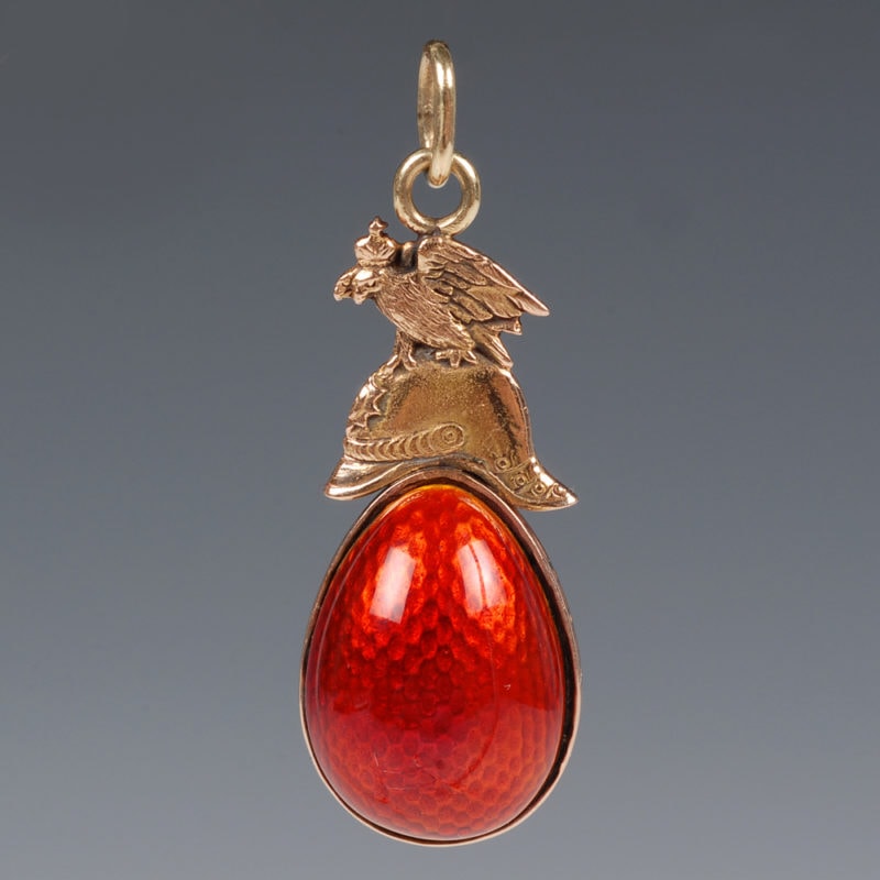 Fabergé gold & red guilloché enamel Imperial Army Life Guards pendant egg