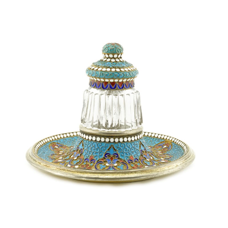 Gustav Klingert cloisonné enamel & cut glass inkwell