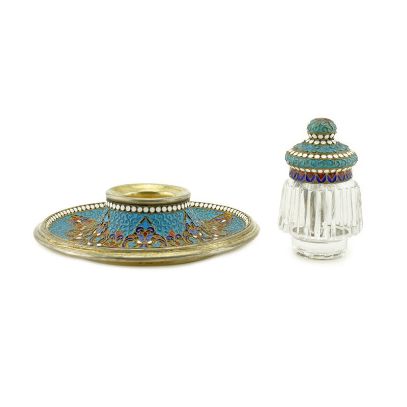 Gustav Klingert cloisonné enamel & cut glass inkwell - Image 2