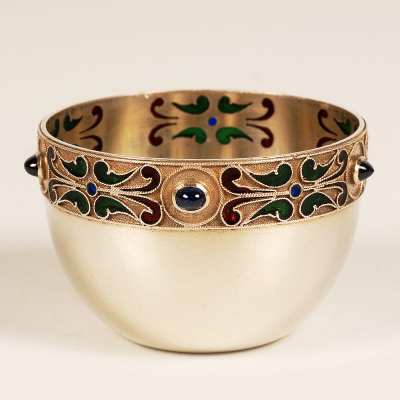 A Russian gem-set gilded silver & plique-à-jour enamel open salt with coin by Alekseev