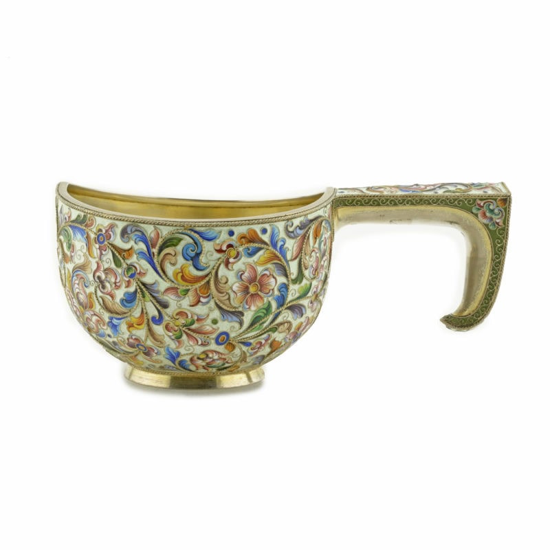 Large Rückert shaded cloisonné enamel kovsh retailed by Britzin