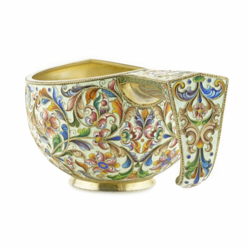 Large Rückert shaded cloisonné enamel kovsh retailed by Britzin - Image 4