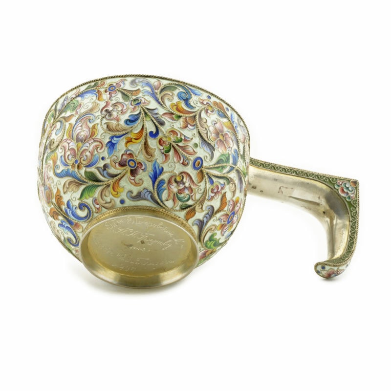 Large Rückert shaded cloisonné enamel kovsh retailed by Britzin - Image 5