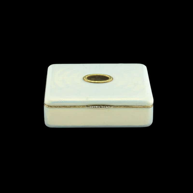 Faberge Gold Mounted, Gilded Silver, Enamel and Diamond Snuffbox, Workmaster Feodor Afanassiev