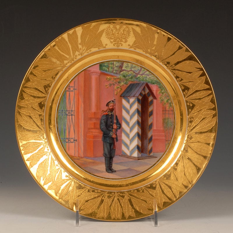 Russian Imperial Porcelain Factory Military Plate with a view of a member of the Guard Équipage