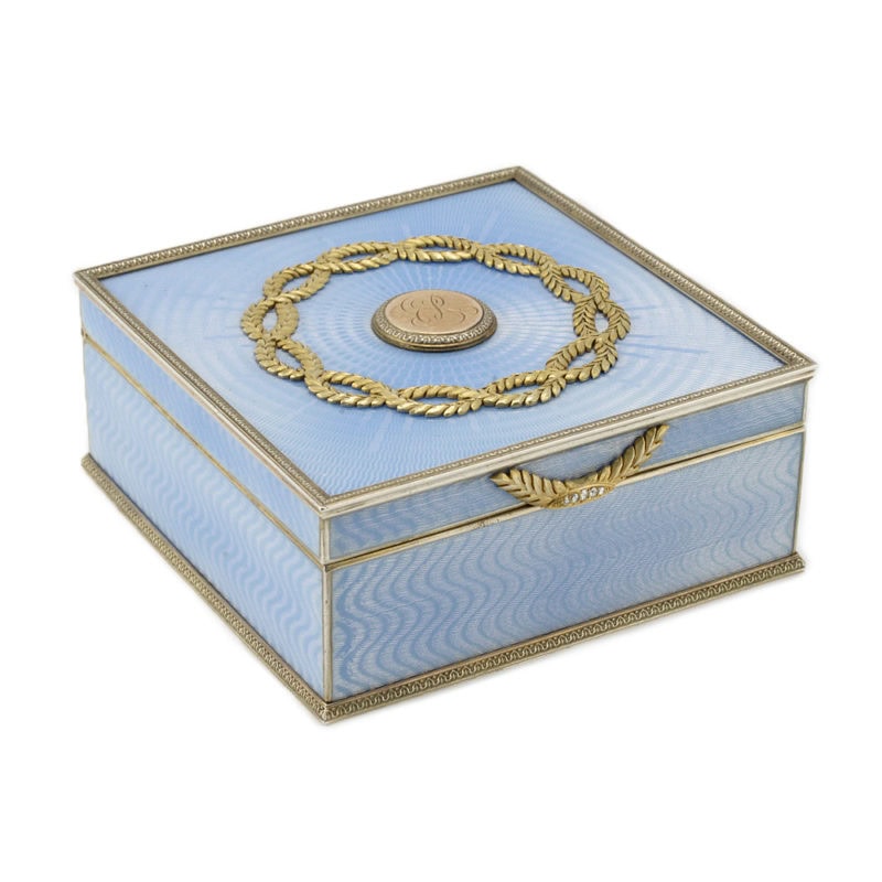 A jeweled gold-mounted guilloché enamel table box by Ivan Britzin