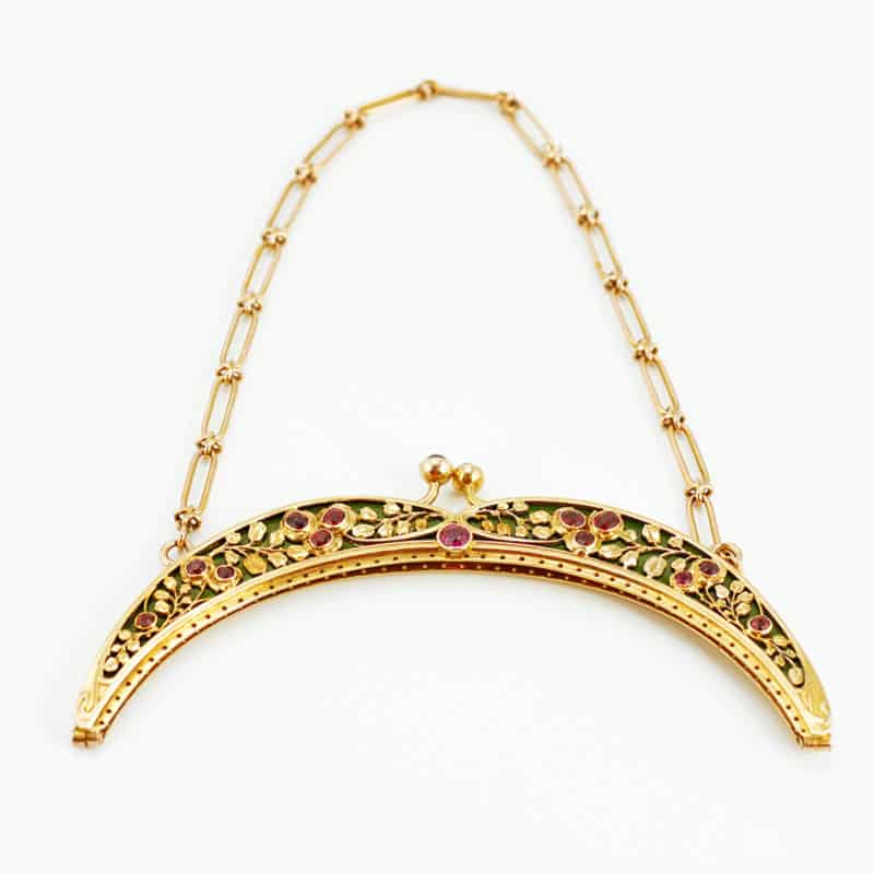 A Russian jeweled varicolored gold & guilloché enamel purse frame