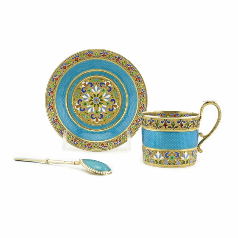 Feodor Rückert Enamel Cup, Saucer & Spoon