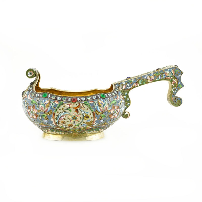 A monumental Russian shaded cloisonné enamel kovsh by Grigory Sbitnev