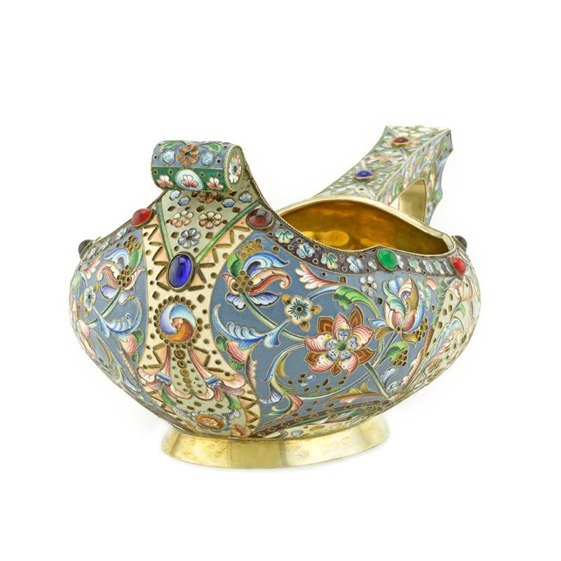 A monumental Russian shaded cloisonné enamel kovsh by Grigory Sbitnev - Image 2