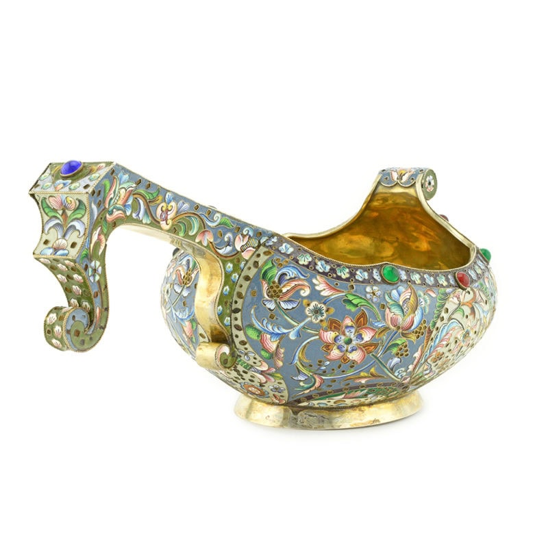 A monumental Russian shaded cloisonné enamel kovsh by Grigory Sbitnev - Image 3