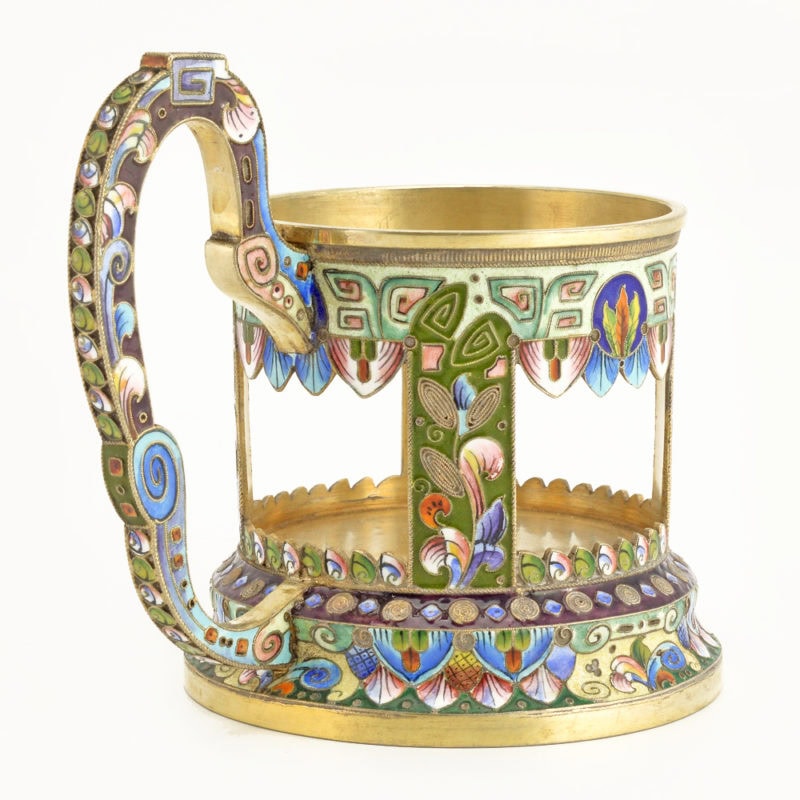 Russian gilded silver & shaded cloisonné enamel tea glass holder by Moscow's 6th Artel - Image 3