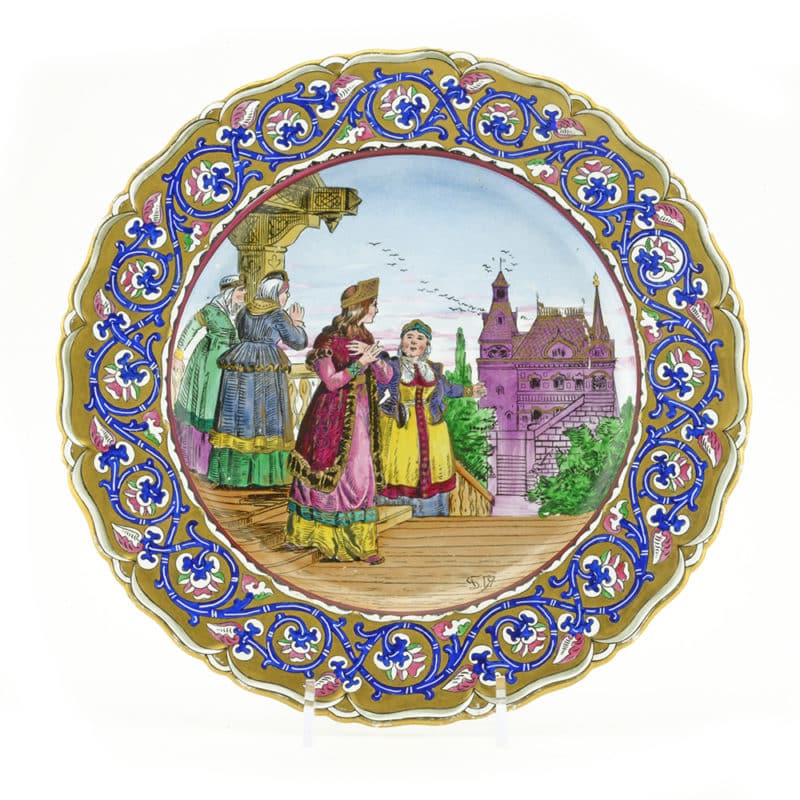 An Russian faience plate with a scene from the bylina "Solovey Budimirovich" by the Kuznetsov Factory in Tver