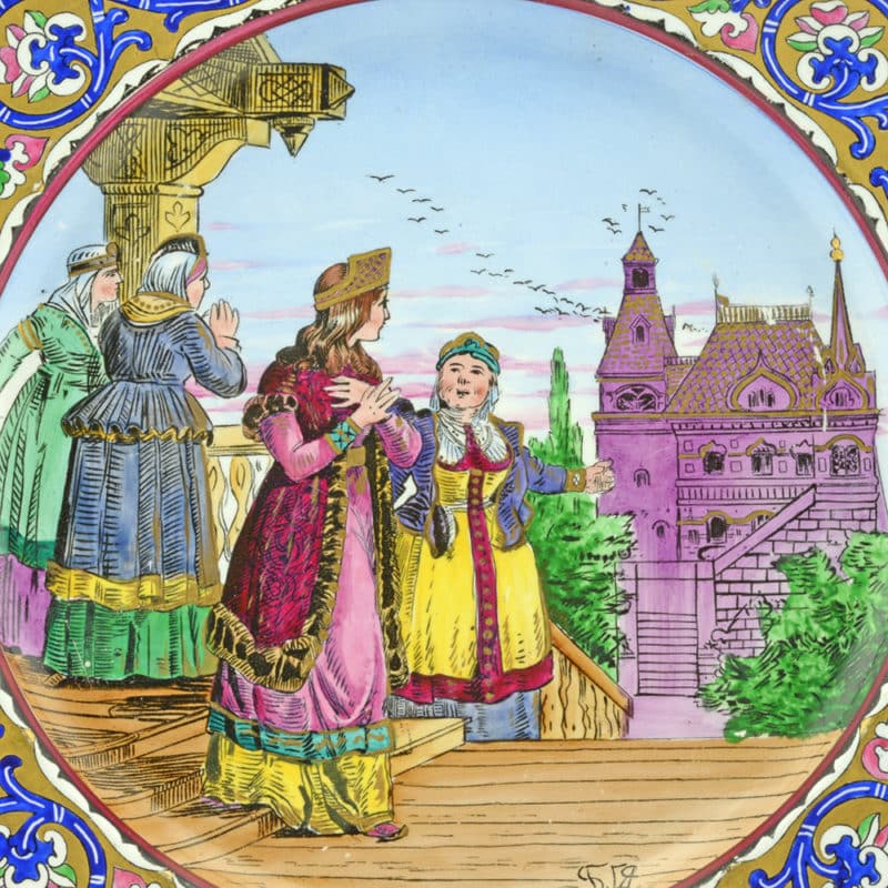 An Russian faience plate with a scene from the bylina "Solovey Budimirovich" by the Kuznetsov Factory in Tver - Image 2
