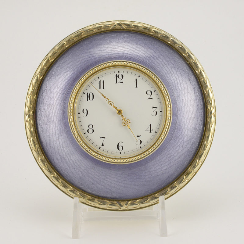 Fabergé lavender guilloché enamel capstan-shaped desk clock
