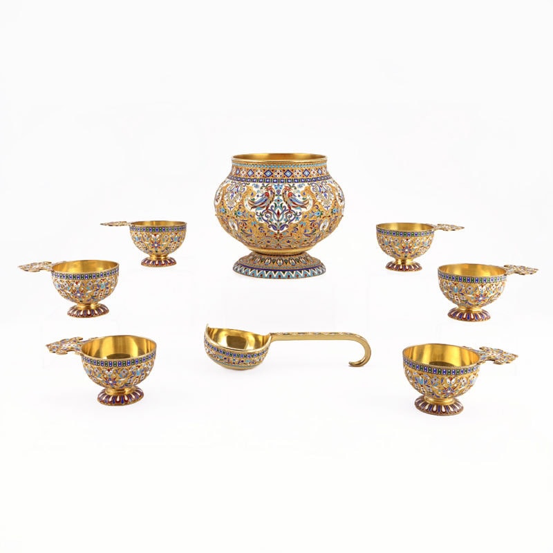 Ovchinnikov cloisonné enamel Russian Style punch set