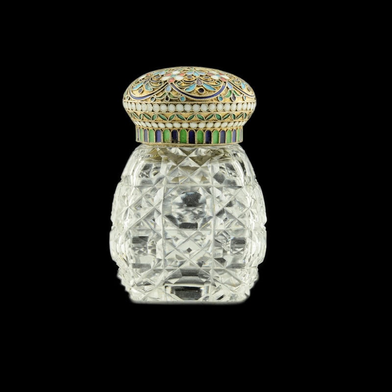 A Russian cloisonné enamel and cut glass perfume bottle