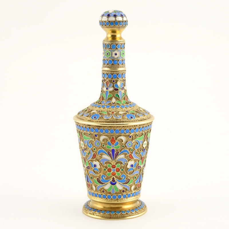 Russian gilded silver & cloisonne enamel perfume or scent bottle