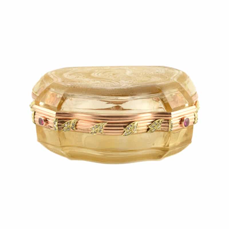 Russian Jeweled, Gold Mount Carved Smoky Quartz Box, Viktor Finikov, Bolin