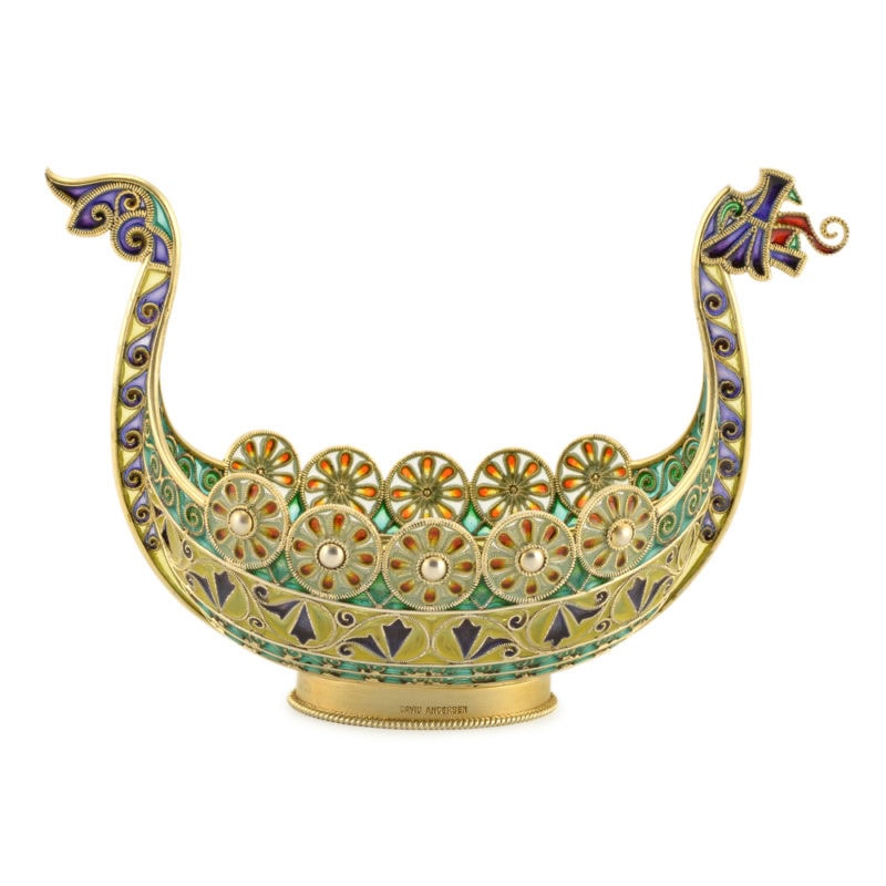 Antique Norwegian gilded silver & plique-à-jour enamel Dragon Style Viking boat from the firm of David-Andersen