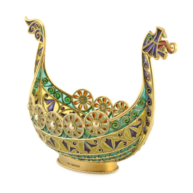 Antique Norwegian gilded silver & plique-à-jour enamel Dragon Style Viking boat from the firm of David-Andersen - Image 2